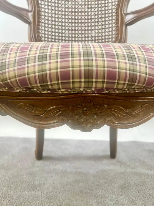 French Provincial Louis XV Style Cane Back with Plaid Upholstery Chair, a Pair