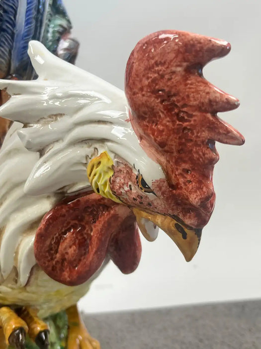 Vintage Hand-Painted Italian Majolica Ceramic Fighting Rooster Sculpture, a Pair 1980's