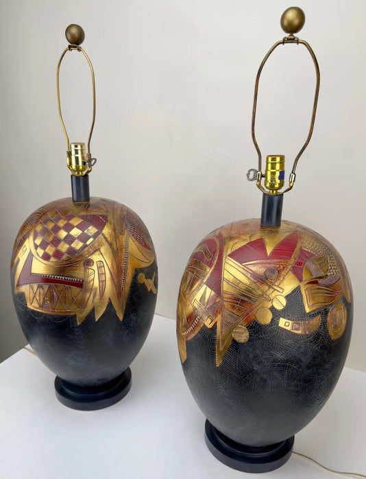 Frederick Cooper Mid Century Modern Ginger Jar Gold & Black Table Lamp, a Pair