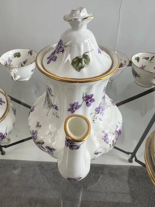 Hammersley “Victorian Violets” English Bone China Tea Set w Gold Trim, 15 pcs