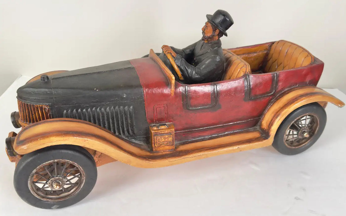 Antique 1913 Model Touring Car and Driver Wooden Hand Painted Sculpture