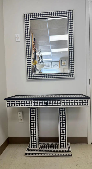 Art Deco Style Black & White Resin in Diamond design Mirror & Console, Set of 2