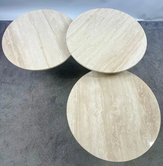 Organic Modern Travertine Three-Tier Circular Coffee Table with Metal Base