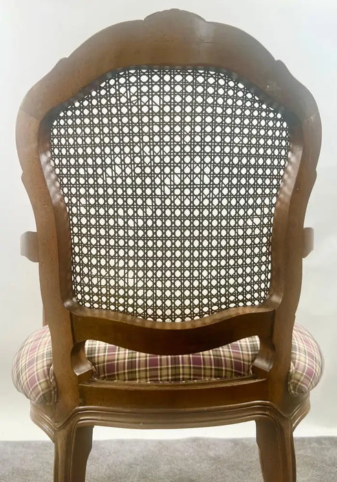 French Provincial Louis XV Style Cane Back with Plaid Upholstery Chair, a Pair