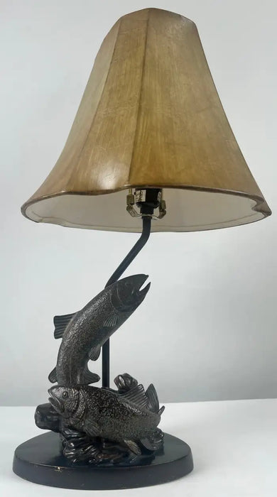 Rustic Style Flying Trout Table Lamp with Bronzed Base and Faux Leather Shade
