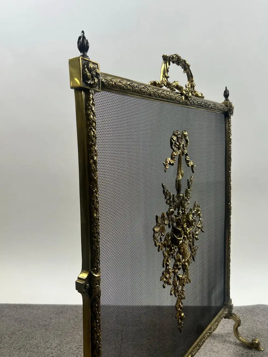 Antique French Art Nouveau Brass Firescreen with Floral & Ribbon Bouquet