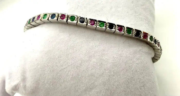 Art Deco Style Sterling Silver Ruby, Emerald & Sapphire Tennis Bracelet, 9 CT