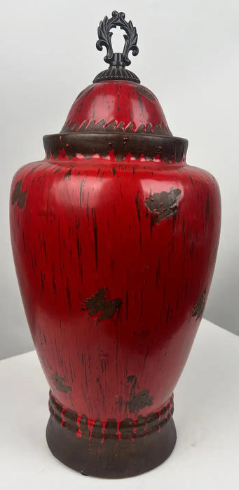 Vintage Chinese Oriental Red Pottery Vase with Lid in Antiqued Design
