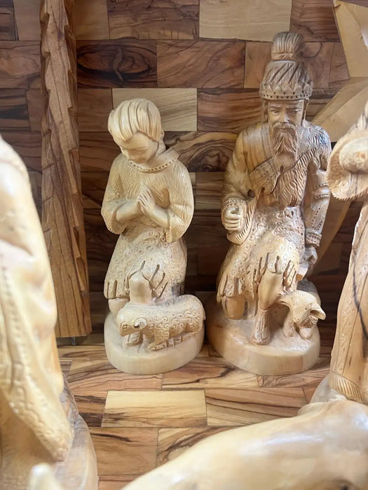 Religious Hand Carved Olive Wood Nativity Set with Stable, Holy Family, Wise Men