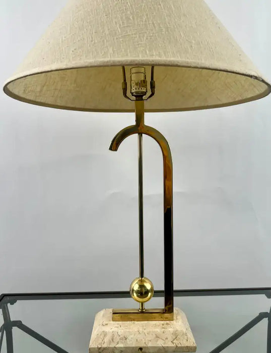Mid-Century Modern Brass Table Lamp w Marble Base & Original Fabric Shade, Pair