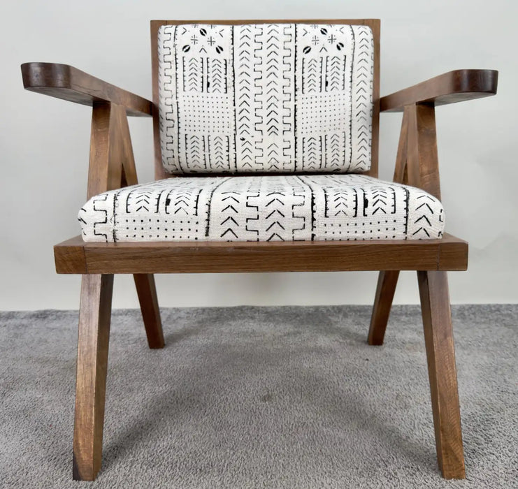 Scandinavian Modern Style Walnut Chair, Boucle Black & White Fabric