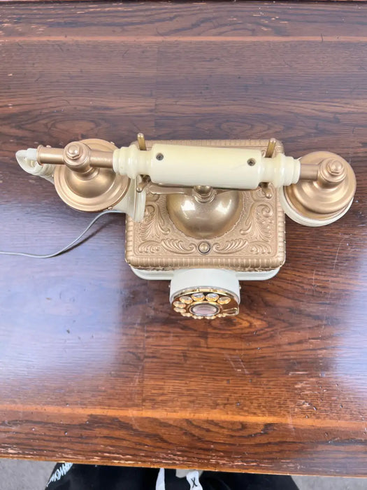 Vintage French Style Brass Rotary Telephone with Ornate Repoussé Cream Enamel Base