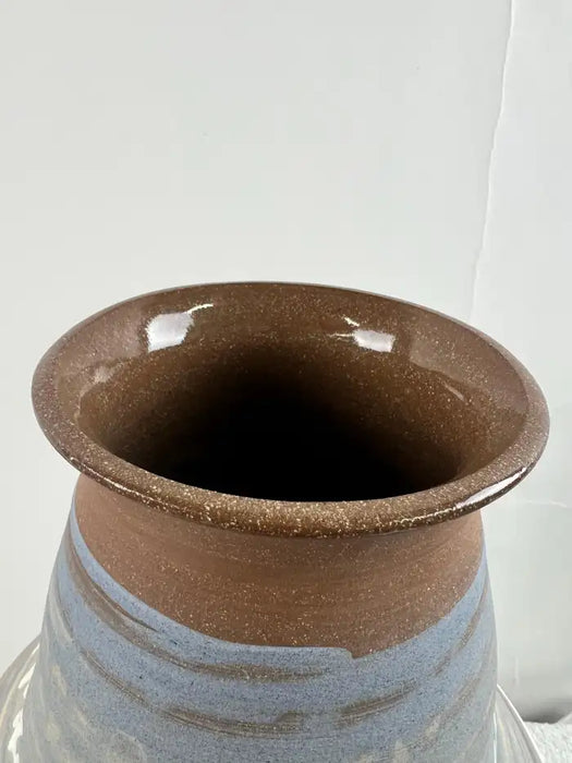 Vintage Handmade Pottery Vase with Blue & Earth-Tone Swirl Glaze