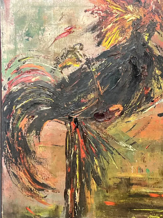 Alice Marcus " The Cockfight " Oil Painting on Canvas , Signed & Framed 1981