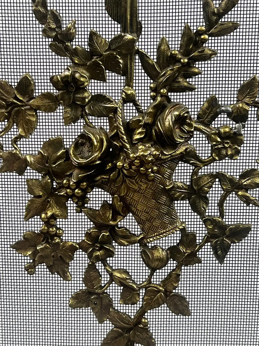 Antique French Art Nouveau Brass Firescreen with Floral & Ribbon Bouquet