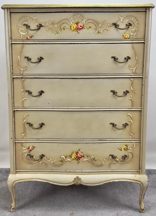 French Provincial Style Highboy Chest of Drawers or Dresser with Floral Design