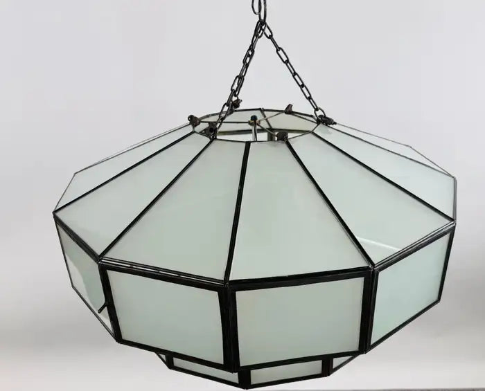 Art Deco Style Large Circular White Milk Glass & Bronze Pendant, Chandelier