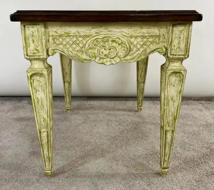 French Louis XVI Style Carved & Antiqued Finish Green Side or End Table