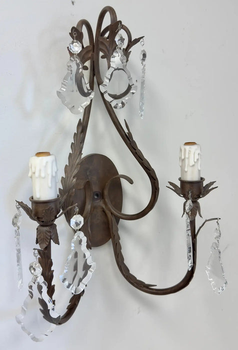 French Louis XV Style Wrought Iron & Crystal Two Arm Wall Sconce, a Pair