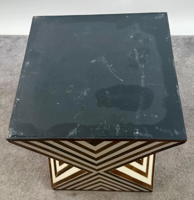 Art Deco Style Sculptural White & walnut Resin Side or End Table, a Pair