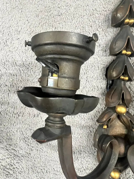 Art Nouveau Two Arms Bronze w Frosted Milk Glass Shades Wall Sconce, a set of 3