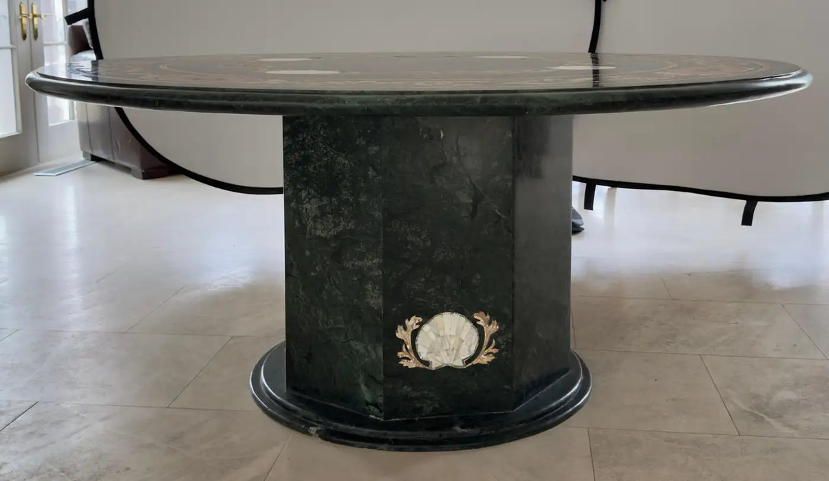 Large Italian Pietra Dura Inlaid Pedestal Center or Dining Table in Green Marble