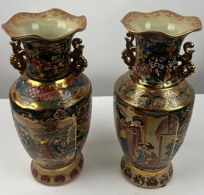 Vintage Royal Satsuma Japanese Hand-Painted Urn Style Vase, a Pair