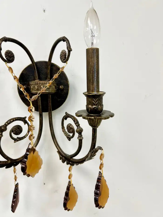 French Rococo Revival Cast Metal Bronzed Wall Sconce w Amber Crystal, Set of 4