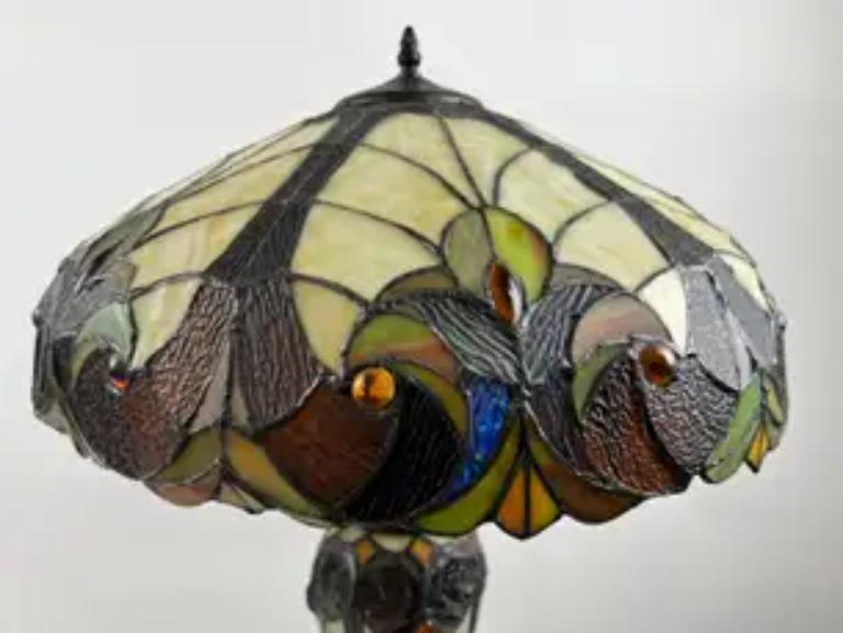 Art Nouveau Tiffany Style Brown & Green Stained Glass Table Lamp, a Pair