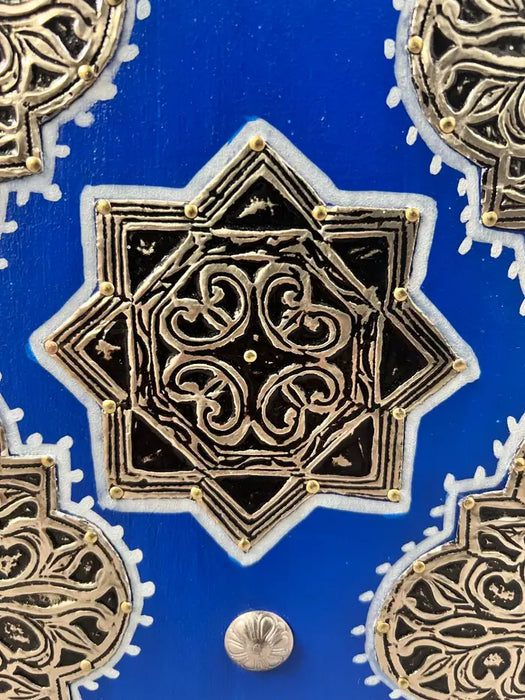 Boho Chic Moroccan Blue & Filigree Silver Design with White Leather Top Stool