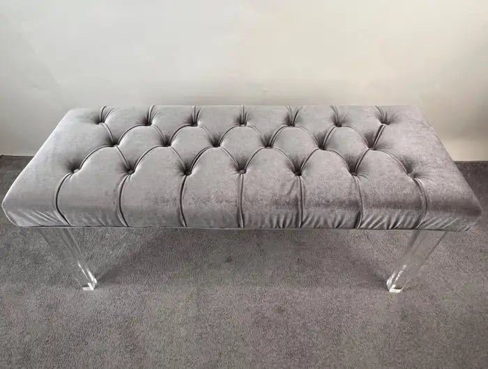 Mid Century Modern Style Grey Velvet Tufted Upholstery & Lucite Legs Bunch