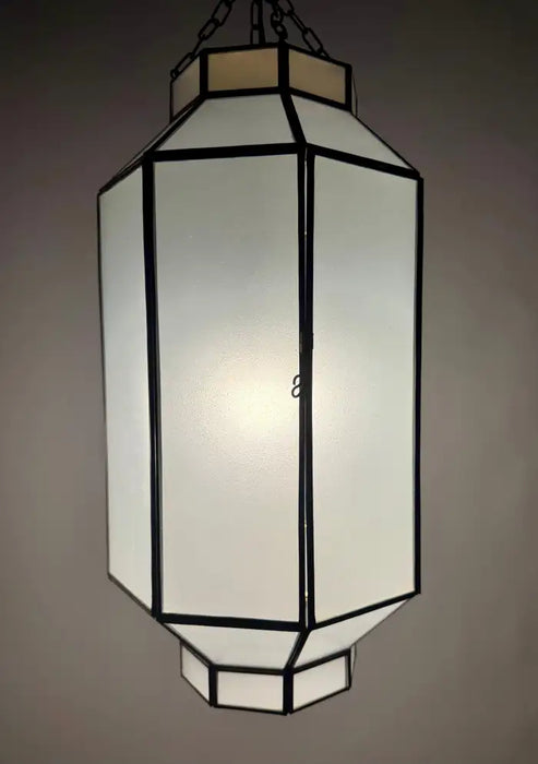 Art Deco Style Frosted White Milk Glass & Bronze Octagonal Pendant, a Pair