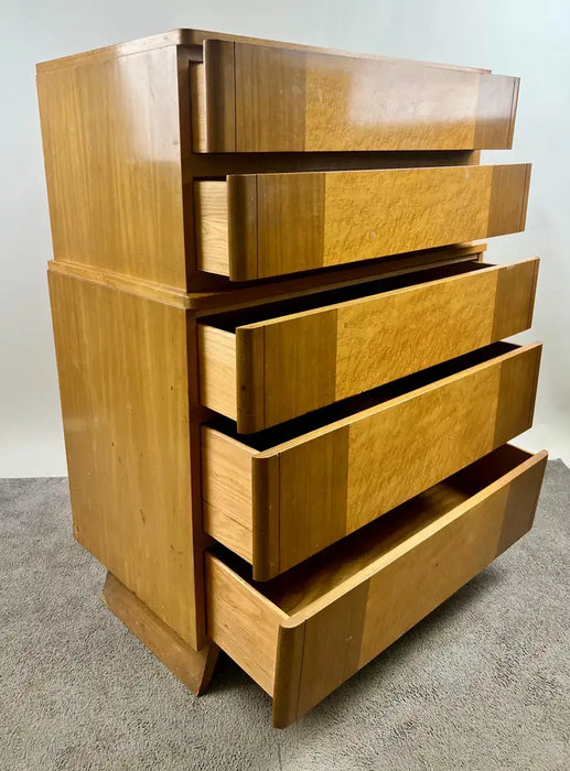 Mid-Century Modern R-Way Birdseye Maple Highboy Chest of 5 Drawers