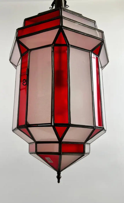 Art Deco Style White Milk and Red Glass Pendant, Lantern or Chandelier, a Pair