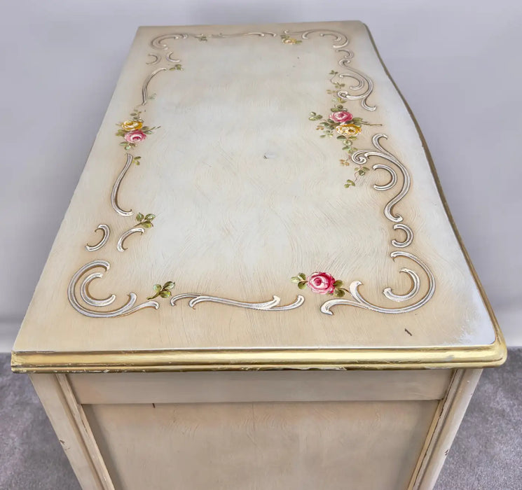 French Provincial Style Highboy Chest of Drawers or Dresser with Floral Design