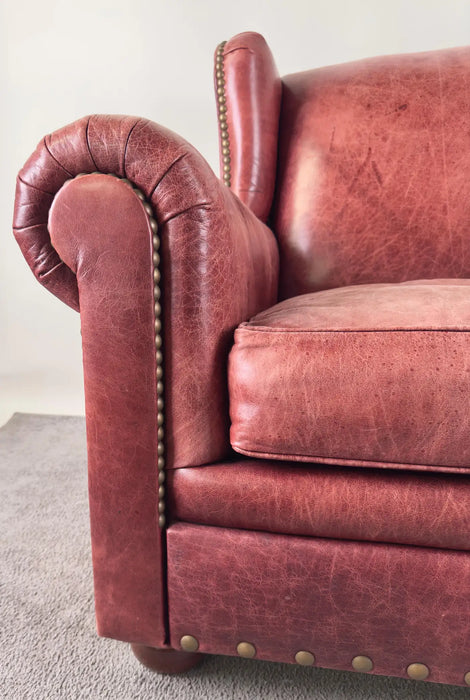 American Classical Style Distressed Leather Red - Brown Oversized Club Chair