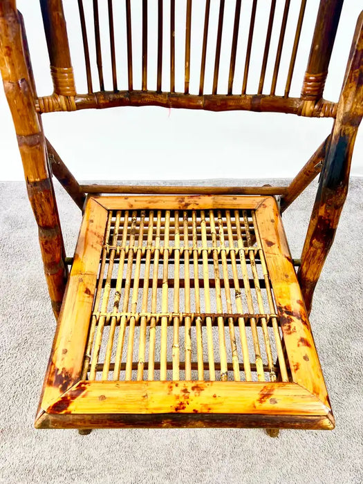 Mid Century Modern Organic Hand Crafted Bamboo Folding Chair, Set of 4