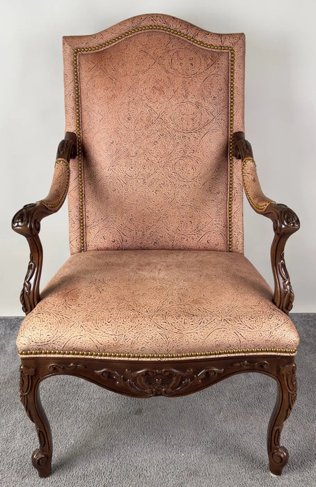 French Louis XV Style Mahogany Armchair with Embossed Salmon Pink Leather