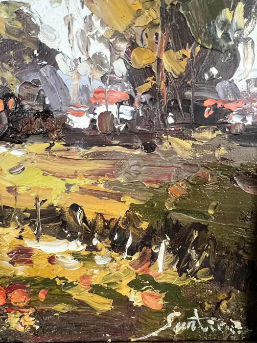 Mid-Century Italian School Oil on Board Palette Knife Landscape Painting, Signed 1950's