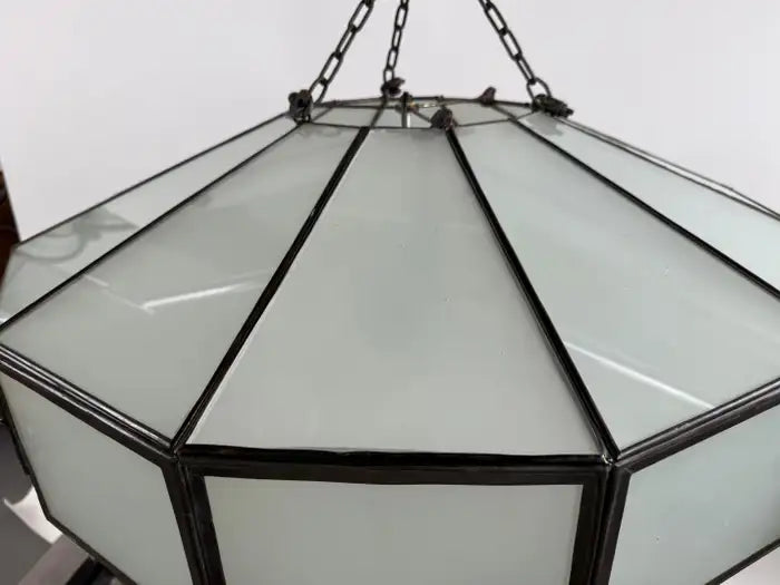 Art Deco Style Large Circular White Milk Glass & Bronze Pendant, Chandelier