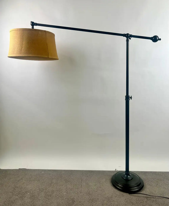 Industrial Style Adjustable Cantilever Arm Floor Lamp with Burlap Drum Shade