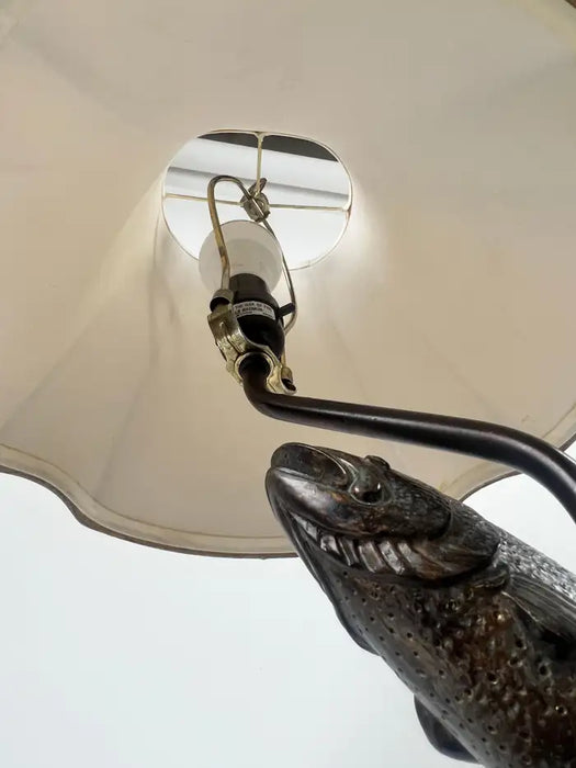 Rustic Style Flying Trout Table Lamp with Bronzed Base and Faux Leather Shade