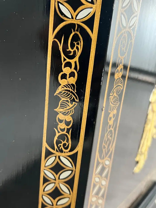 Asian Black Lacquer Hexagonal Side Table with Hand-Painted Gold & Figural Pane