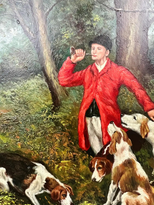 English Sporting Style Oil Painting, Huntsman & Hounds, Ornate Gilt Frame 1980's