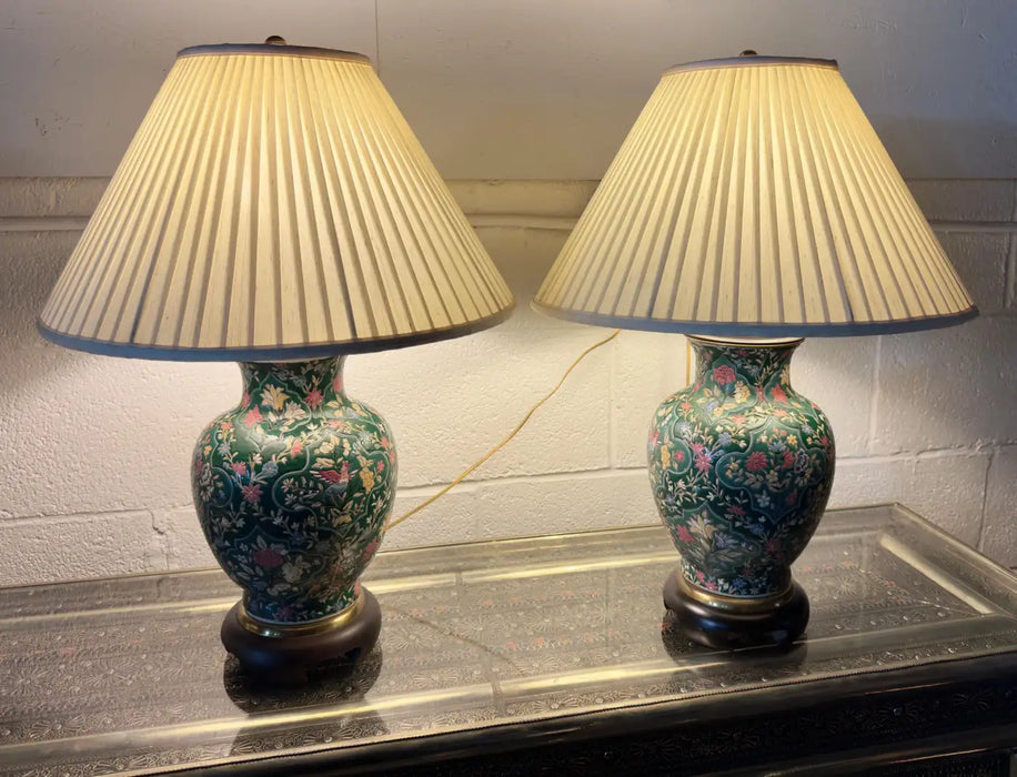 Frederick Copper Chinoiserie Floral Design Green Porcelain Table Lamp, a Pair