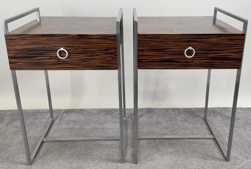 Mid-Century Modern Macassar Zebra Design & Iron Nightstand or End Table, a Pair