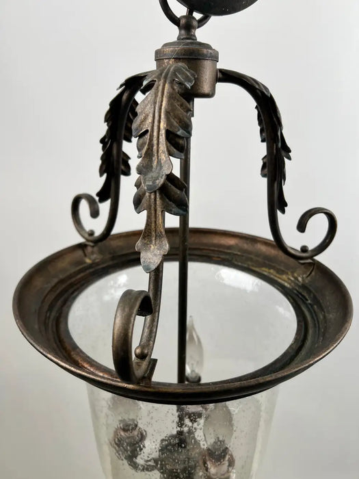 French Regency Style Bell Jar Pendant with Seeded Glass and Acanthus Leaf Bronze