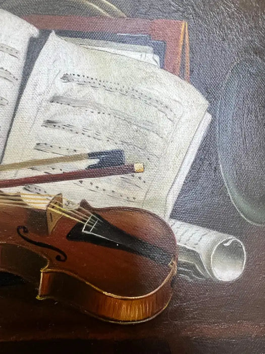 Still Life Violin & Sheet Music Oil on Canvas Signed Hessler, Framed 1900's