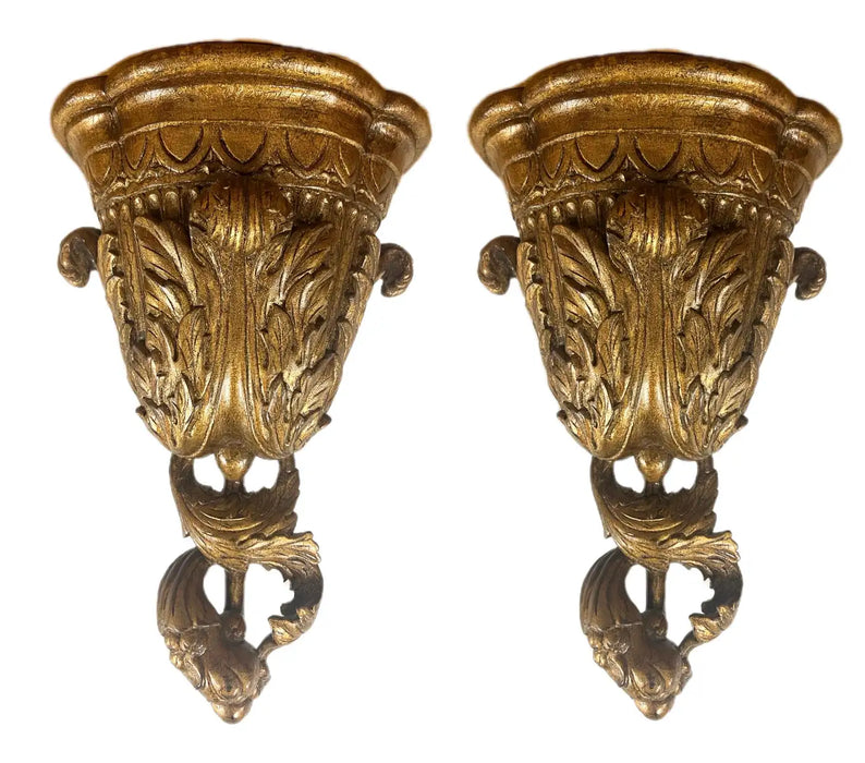 French Louis XVI Style Urn Form with Acanthus Motifs Gilded Wall Bracket, a Pair