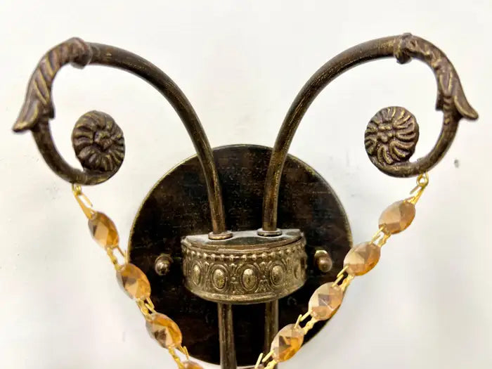 French Rococo Revival Cast Metal Bronzed Wall Sconce w Amber Crystal, Set of 4